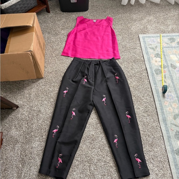 Vintage Pink and Black Flamingo Women's pants and top. Silk. - Picture 3 of 8